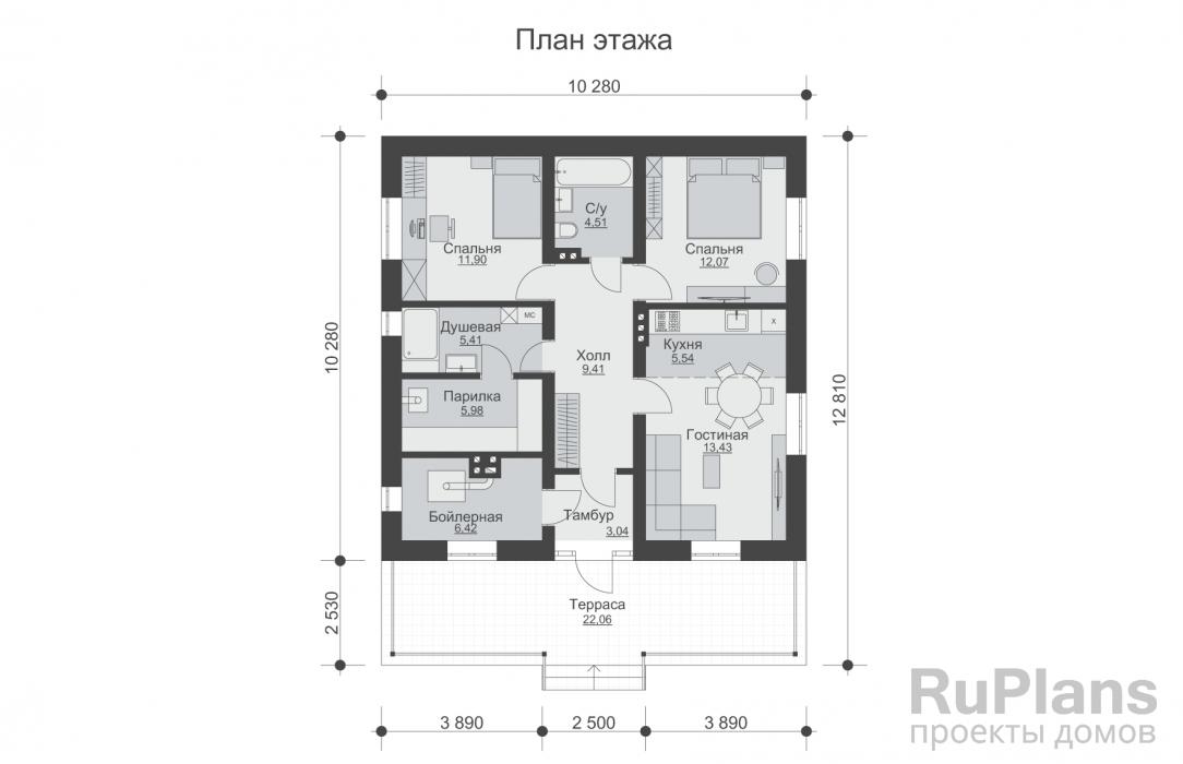 Проект одноэтажного дома 80м2 с 2 спальнями и котельной